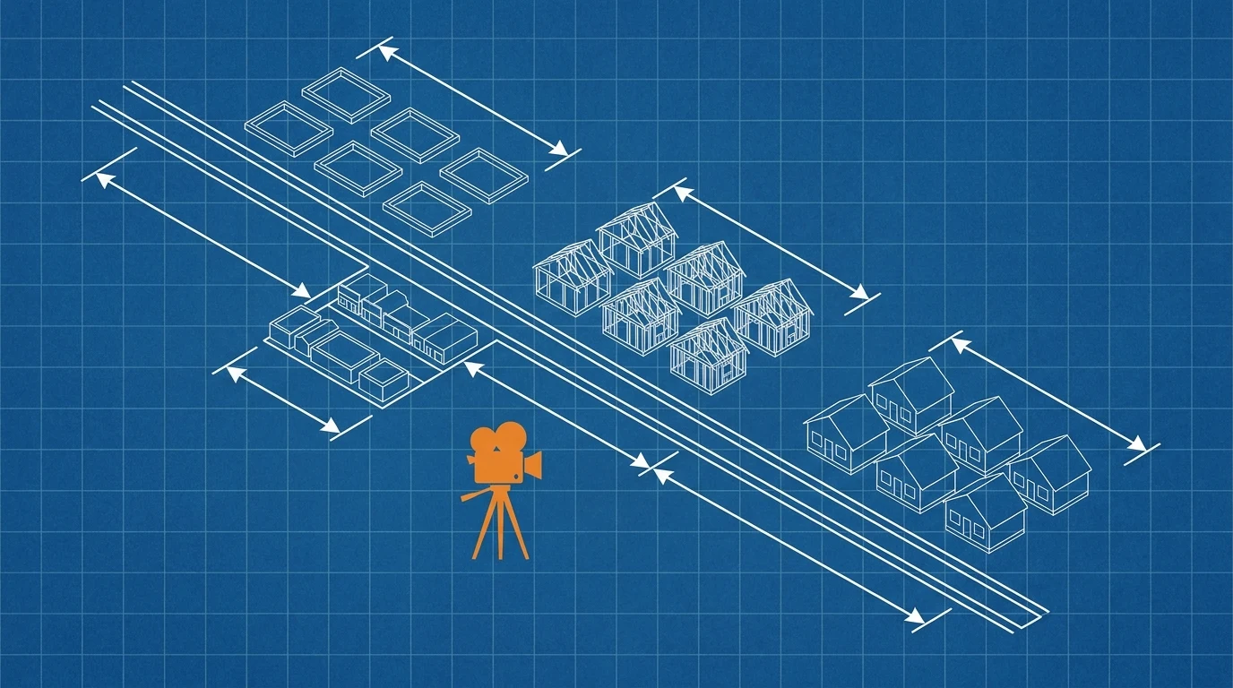 Blueprint-style illustration of an arterial road with clusters of houses at foundation, framing, and finished stages, plus a town-center block and a camera on a tripod