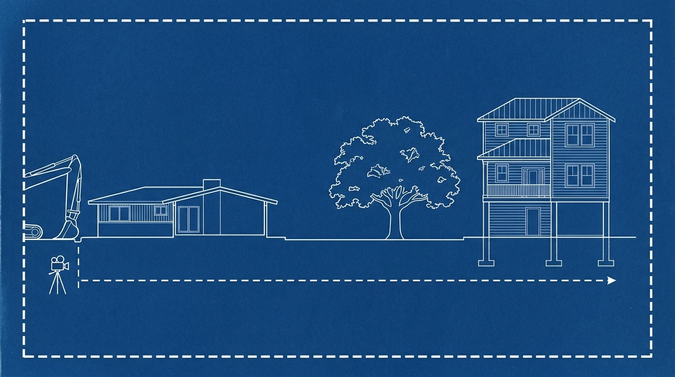 Blueprint-style illustration of a street cross-section — a ranch house with an excavator, a cleared lot with a preserved oak, and a new home raised on piers with an elevation datum line, a camera on a tripod at the curb