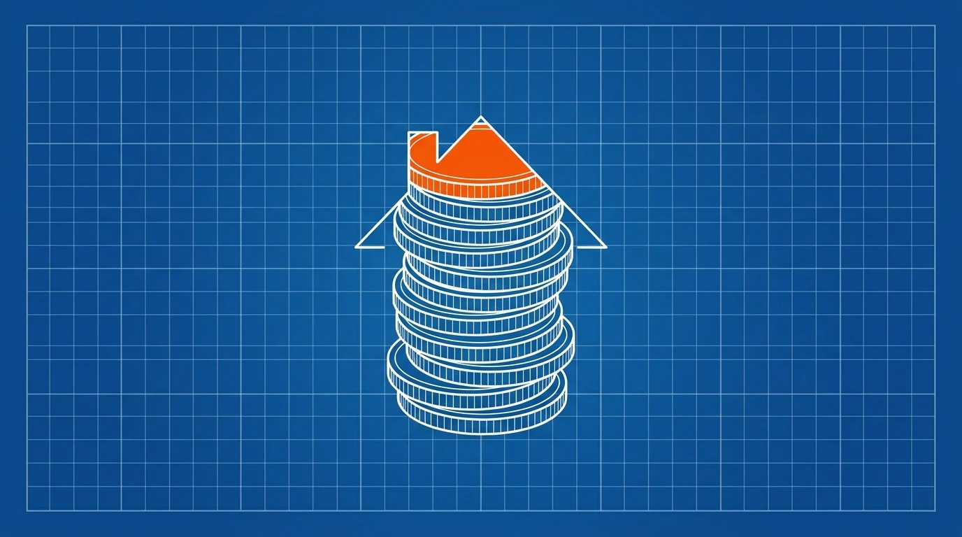 Blueprint-style illustration of a stack of coins forming the profile of a house