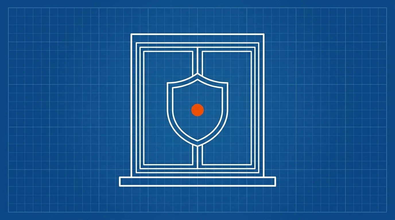 Blueprint-style illustration of a window frame with a shield outline inside its glass