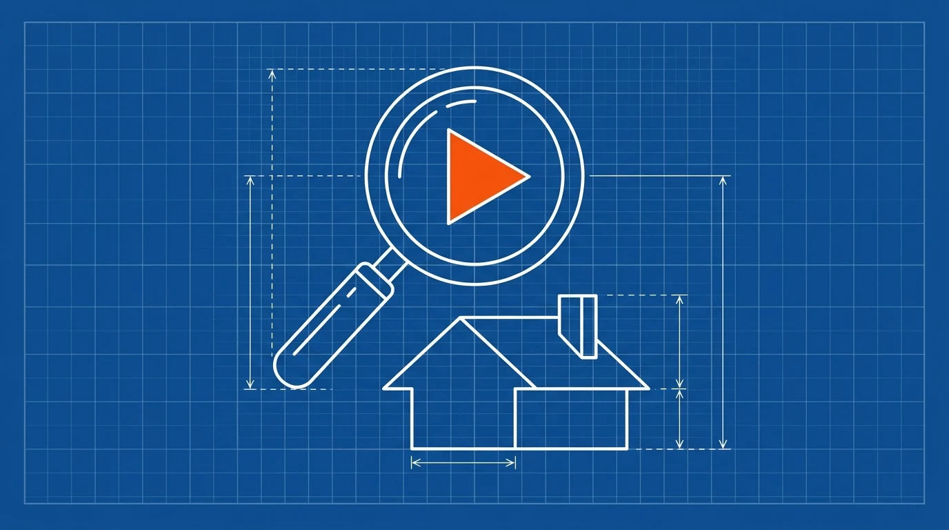 Blueprint-style illustration of a magnifying glass with a play-button triangle at its center over a small house
