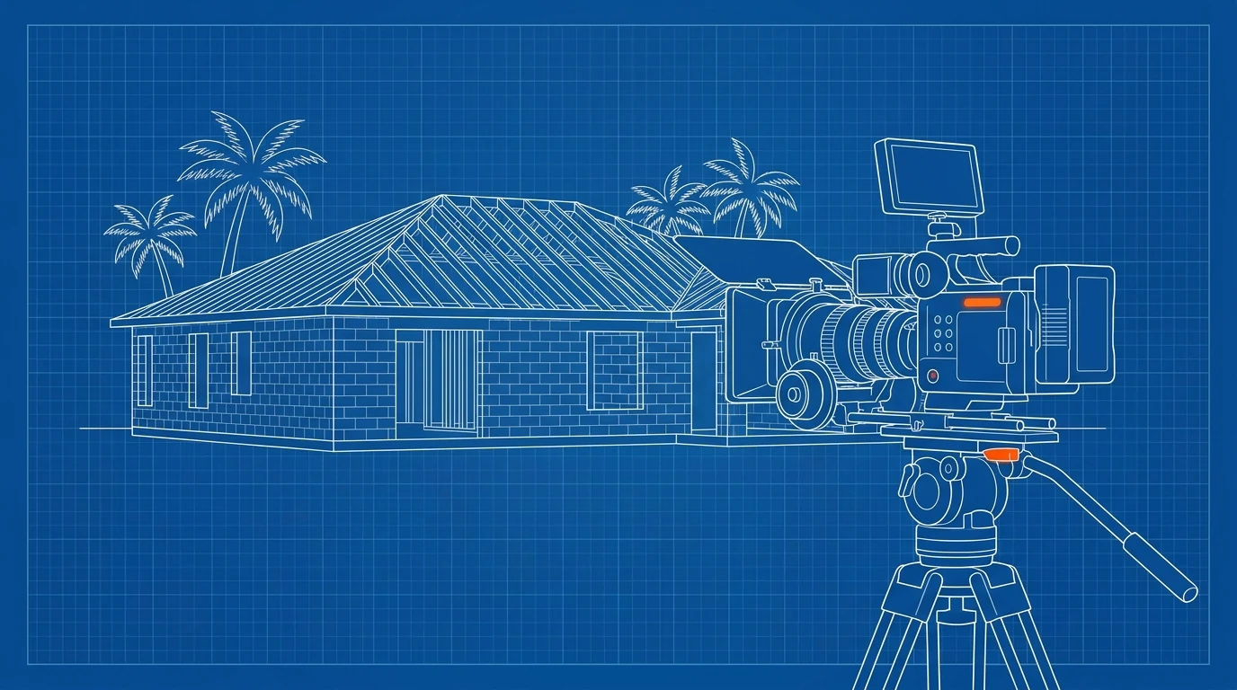 Blueprint-style illustration of a cinema camera on a tripod facing a Florida house